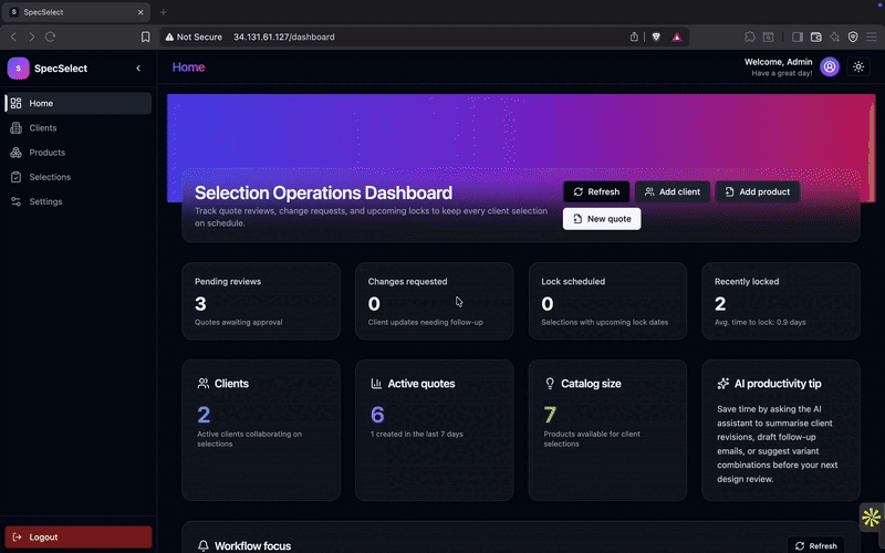 SpecSelect dashboard preview